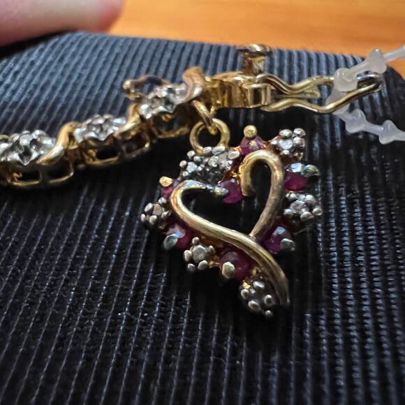 Tennis Bracelet Heart Diamond & Ruby Accent 18K Gold Over Sterling Silver NEW - Picture 8 of 11